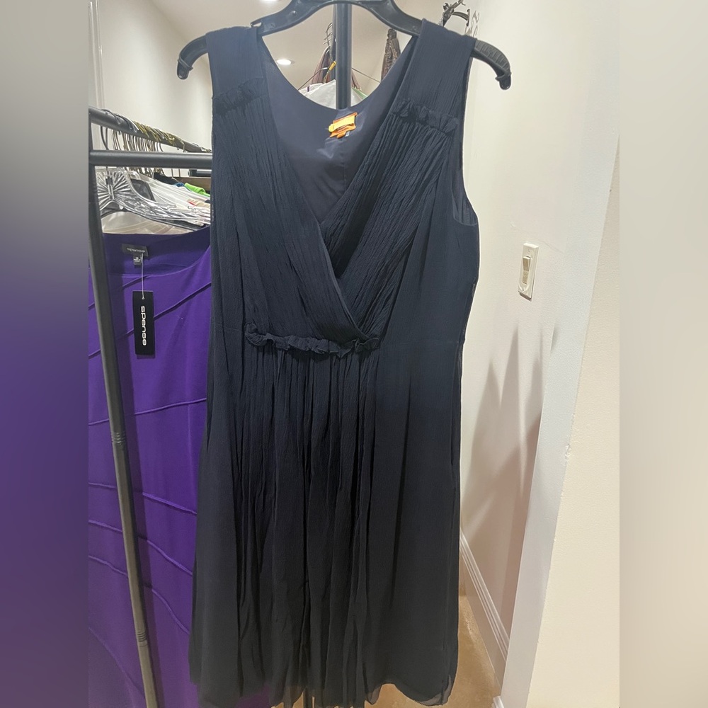 Tory Burch Navy Pleated Sleeveless Midi Dress